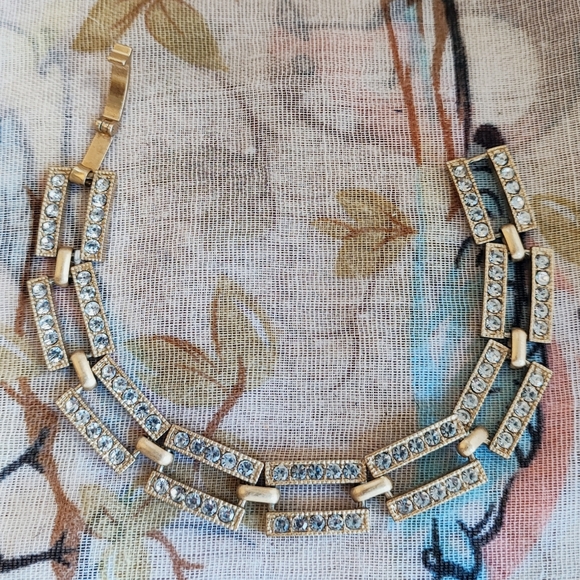 Unsigned Brass Tone Matte Clear Rhinestone Encrusted Rectangular Link Bracelet - Picture 3 of 14